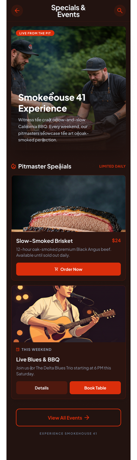 Smokehouse 41 Specials and Events Section